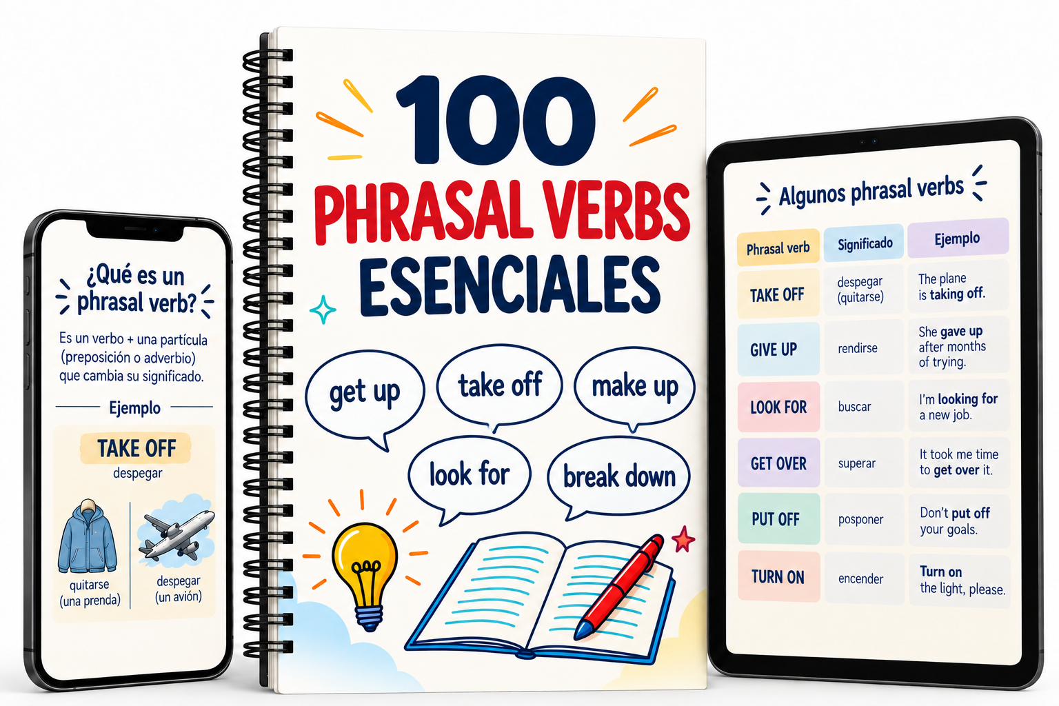 Cuaderno 100 Phrasal Verbs Esenciales junto a un celular con la explicación de qué es un phrasal verb y una tableta con la tabla de phrasal verbs, su significado y sus ejemplos