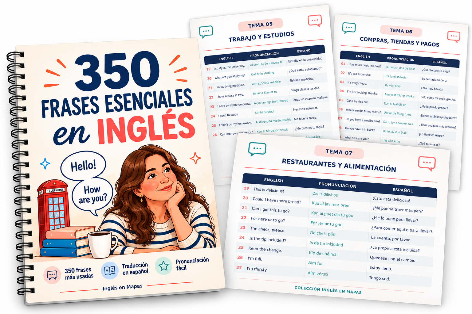 Cuaderno 350 Frases Esenciales en Inglés junto a tres hojas de estudio con las frases en inglés, su pronunciación y su traducción al español