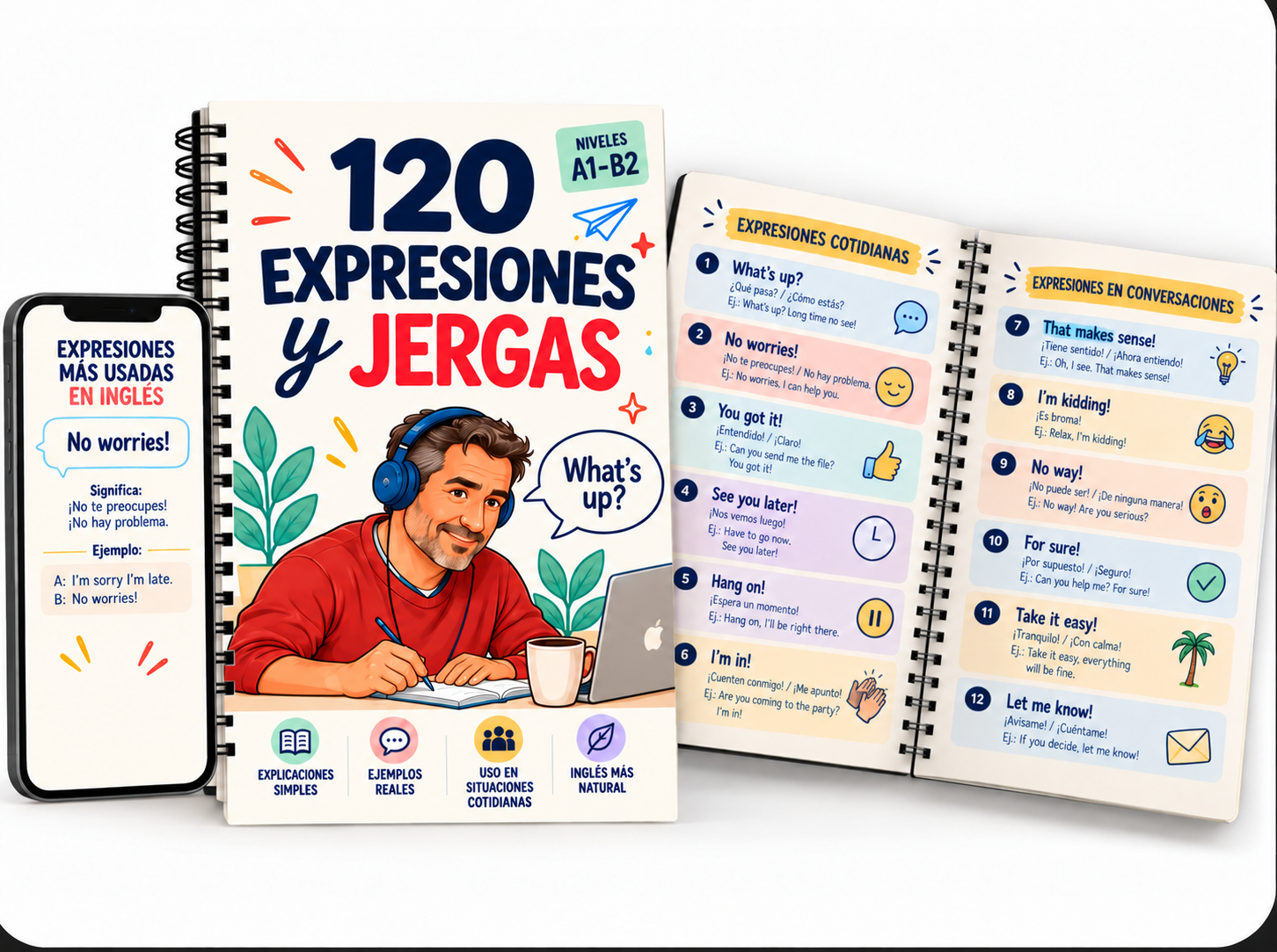 Cuaderno 120 Expresiones y Jergas junto a un celular con una lección y un cuaderno abierto con doce expresiones, su significado y sus ejemplos