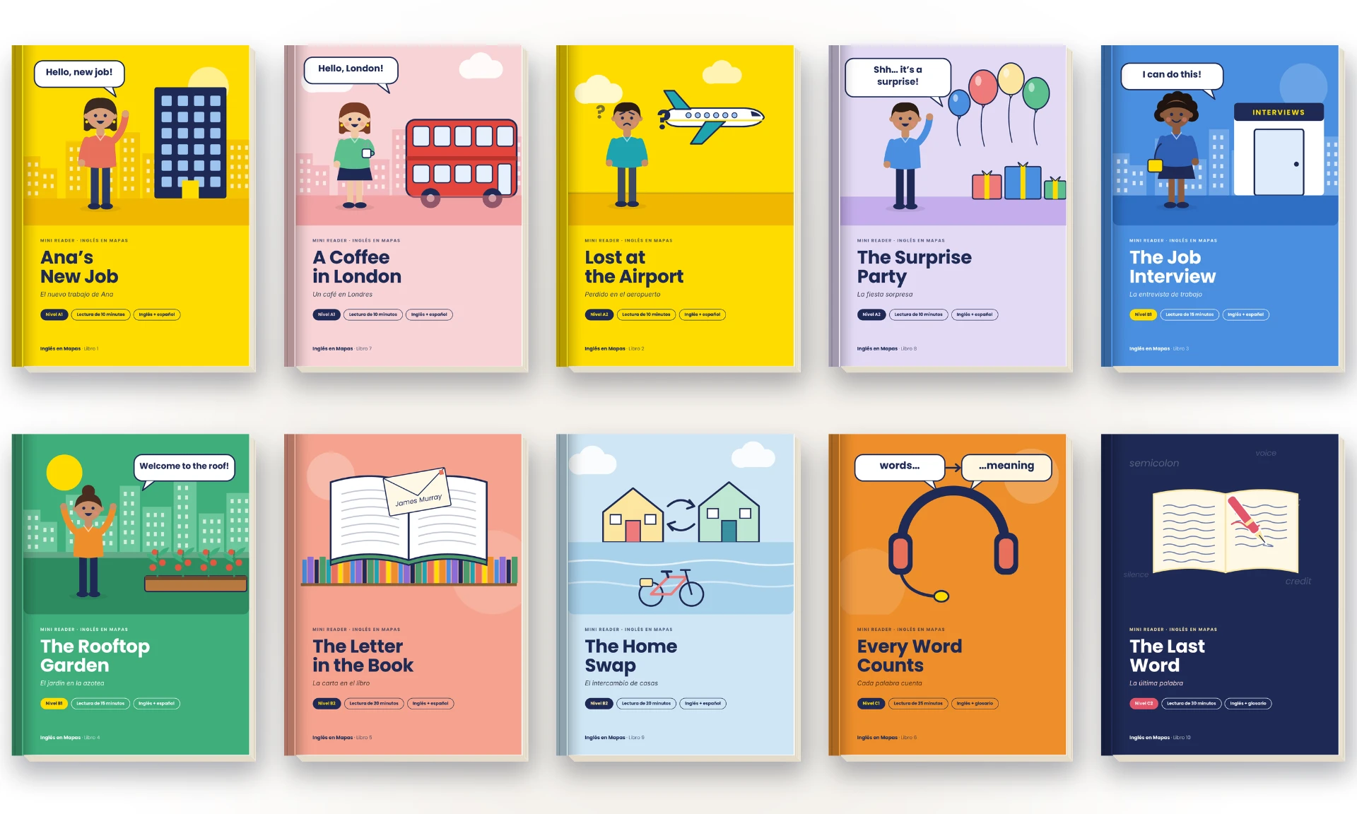 Colección de 10 libros ilustrados Lee y Aprende Inglés, ordenados en dos filas de cinco, cada uno con su portada de color, el título en inglés con su traducción al español y el nivel, de A1 a C2