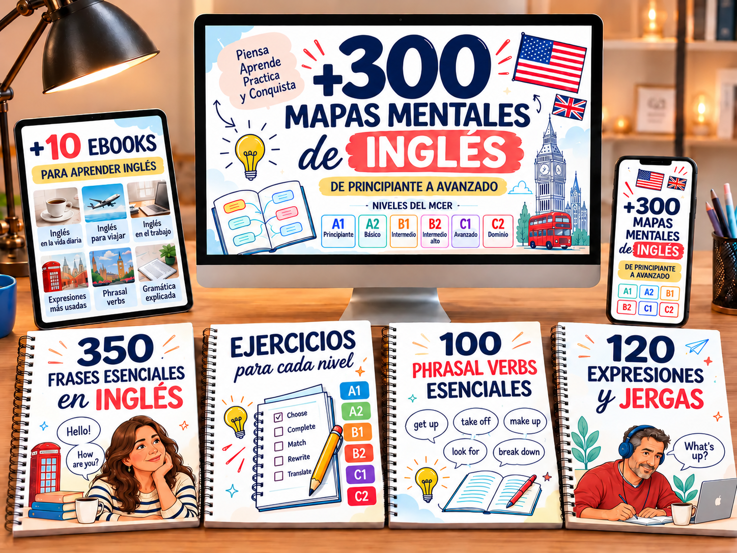 Kit completo de +300 Mapas Mentales de Inglés: monitor con los niveles A1 a C2, tablet con los libros digitales, celular con la misma portada y los cuadernos imprimibles de 350 frases esenciales, ejercicios para cada nivel, 100 phrasal verbs y 120 expresiones y jergas