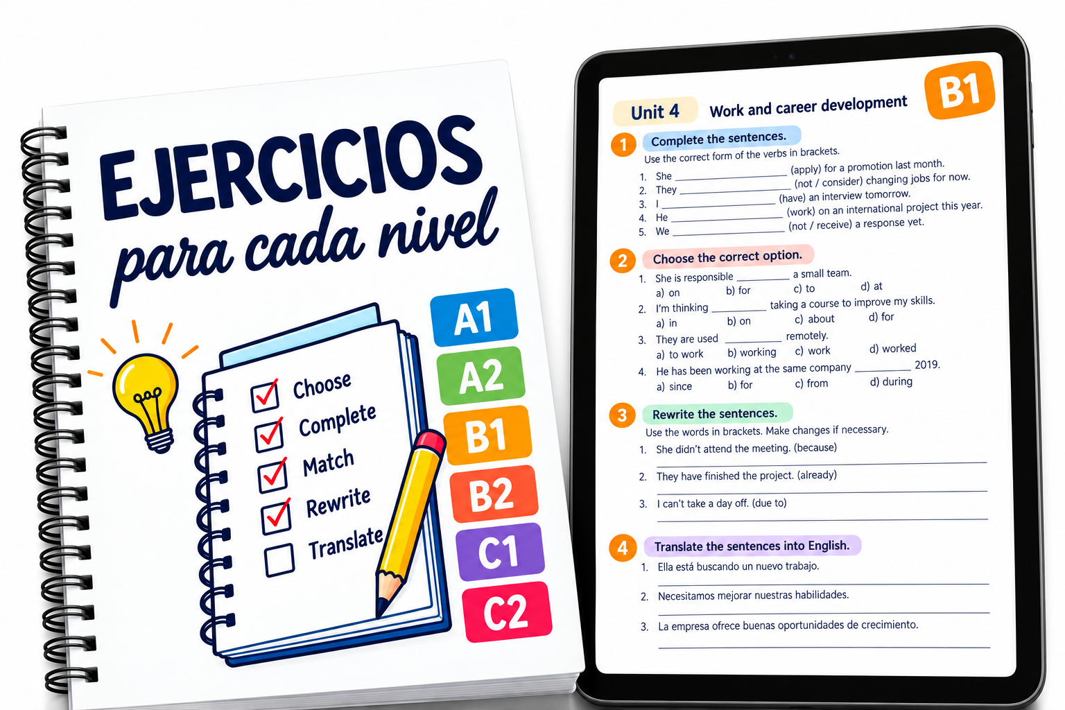 Cuaderno Ejercicios para cada nivel con pestañas de los niveles A1 a C2 junto a una tableta con una página de ejercicios del nivel B1